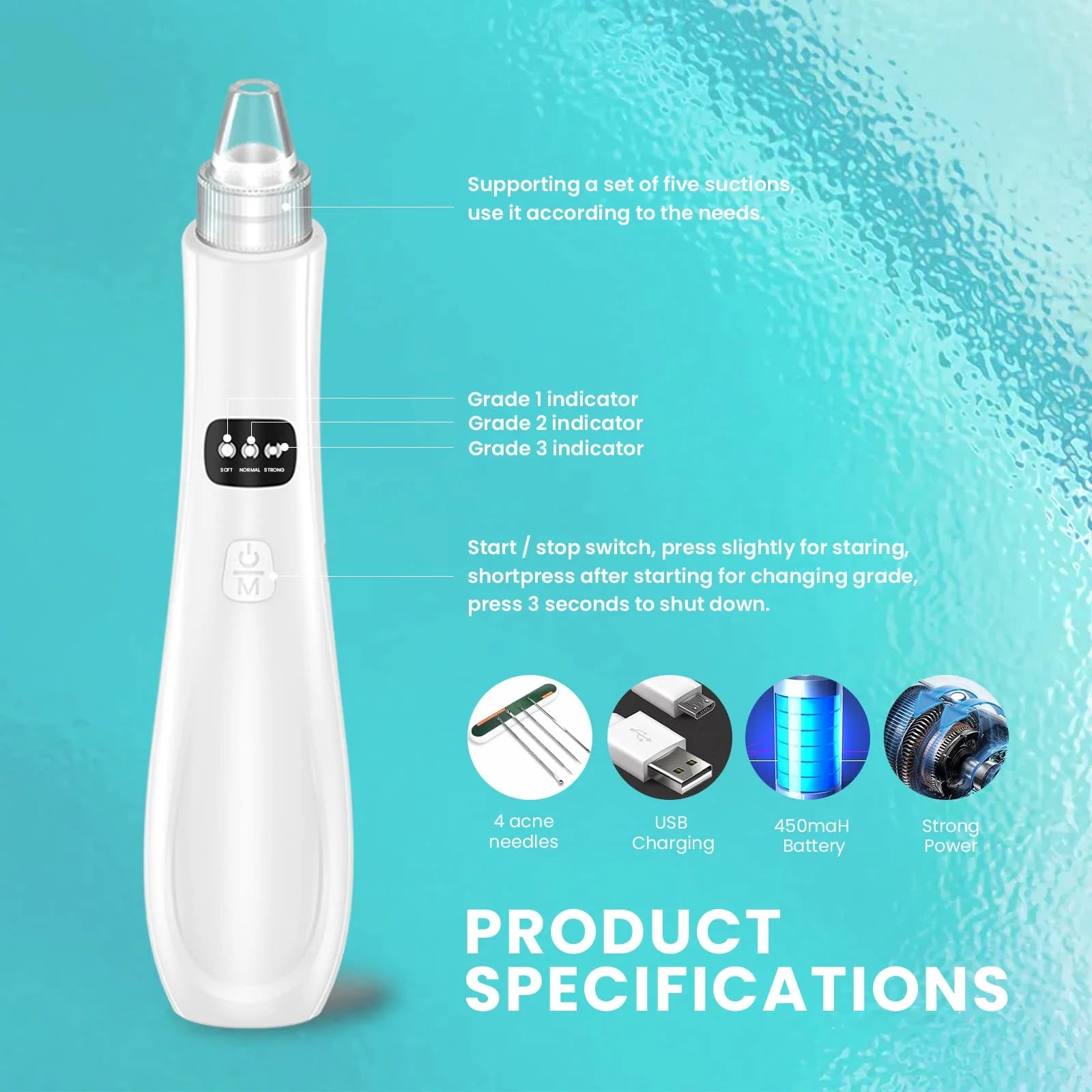 Blackhead Remover Pore Vacuum Cleaner Pimple Extractor - Facial Pore Cleaner Pore Extractor - Electric USB Pore Vacuum with 5 Probes - Blackhead Suction Tool - Blackhead Remover Kit (White)